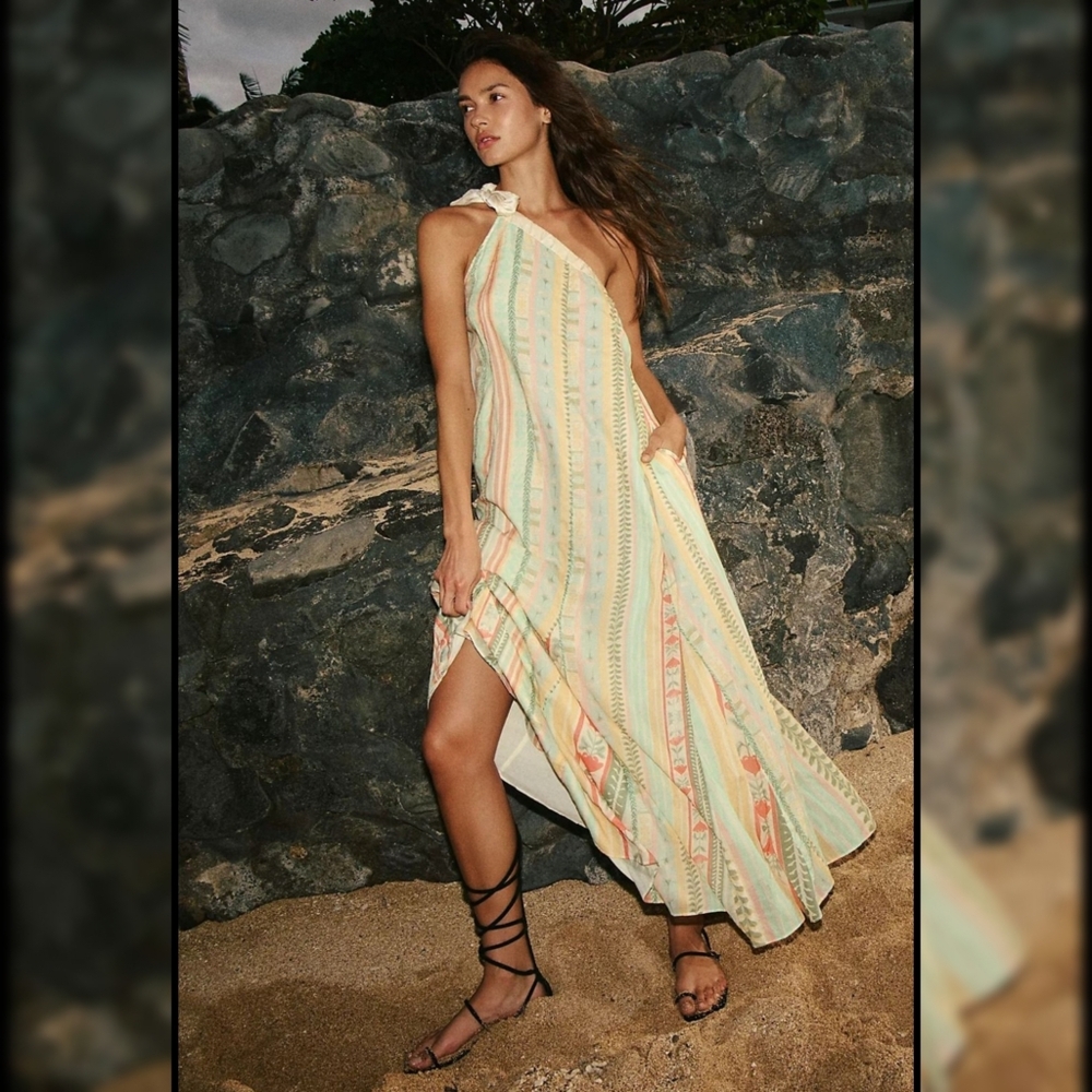 Free People Tova Maxi Dress Asymmetric Tie Strap in Multi Combo Striped Medium